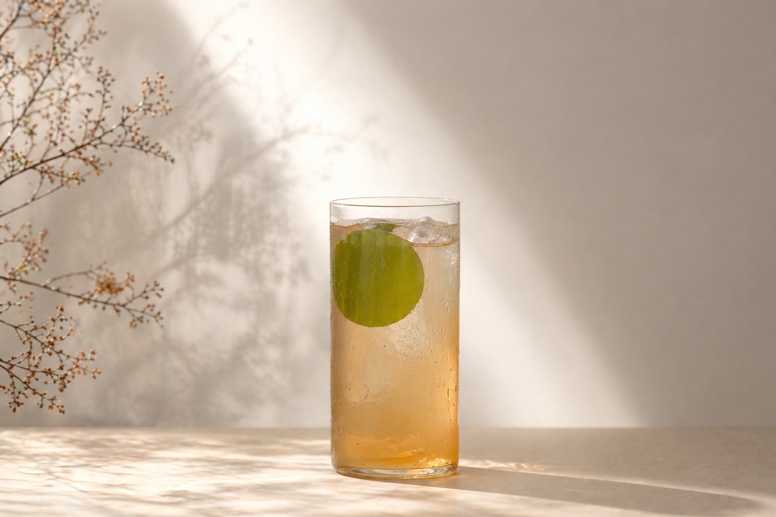 Highball at THE EMBER bar — copper light, soft shadow of branches on the wall