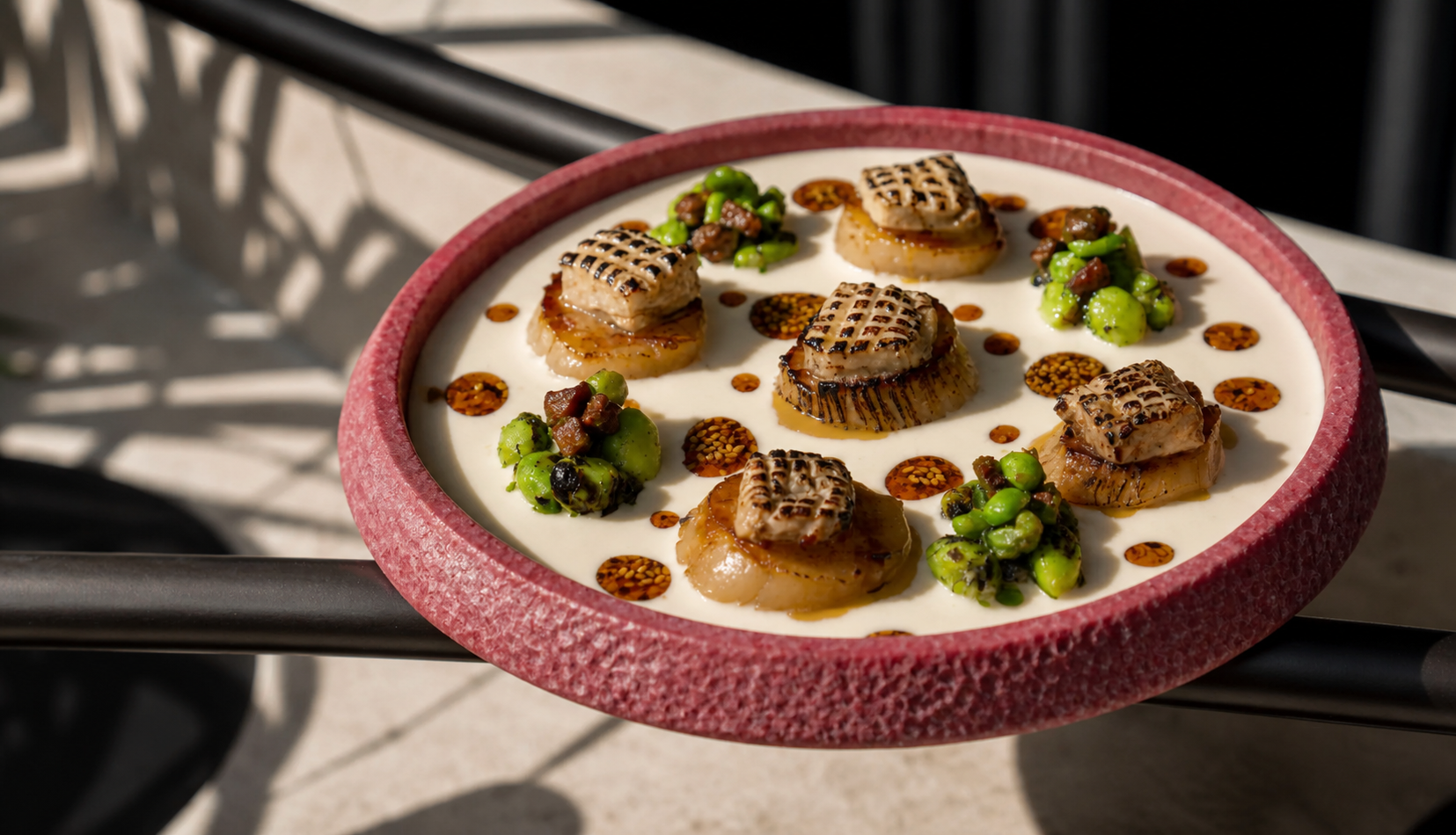 Seared scallops in cream sauce with edamame, hazelnut crumb and citrus oil dots on rose-glazed plate