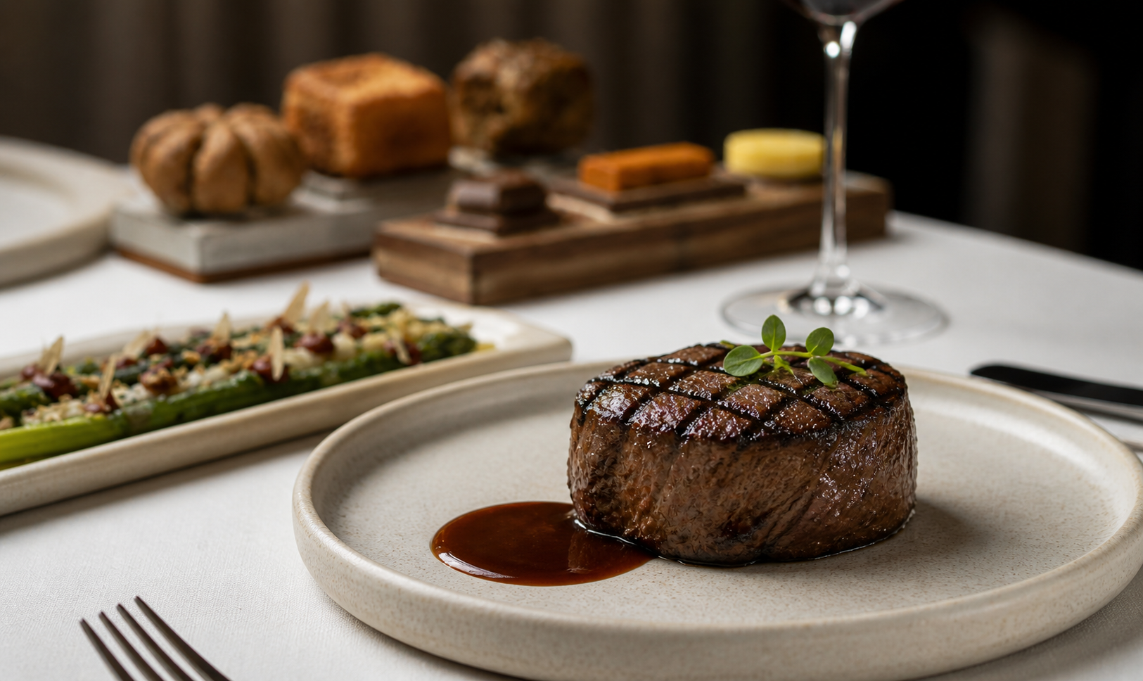 THE EMBER · Grilled filet with red wine jus, charred asparagus with hazelnuts and bread course