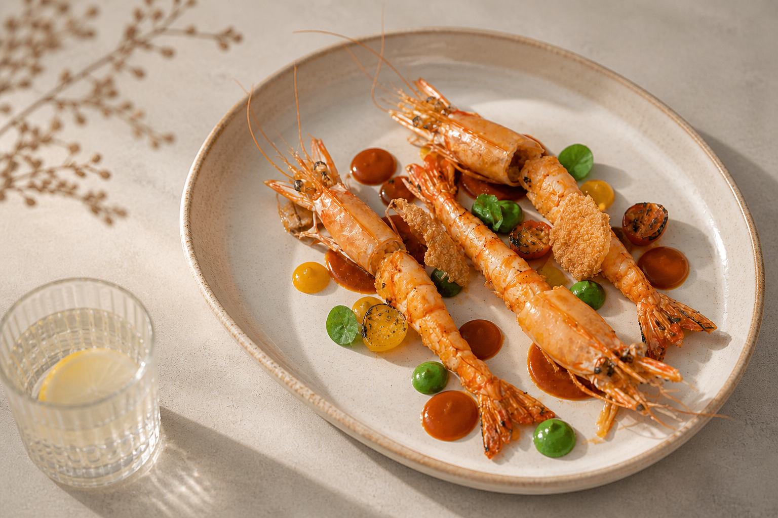 THE EMBER · Grilled langoustines with herb dots and stone fruit on ceramic plate