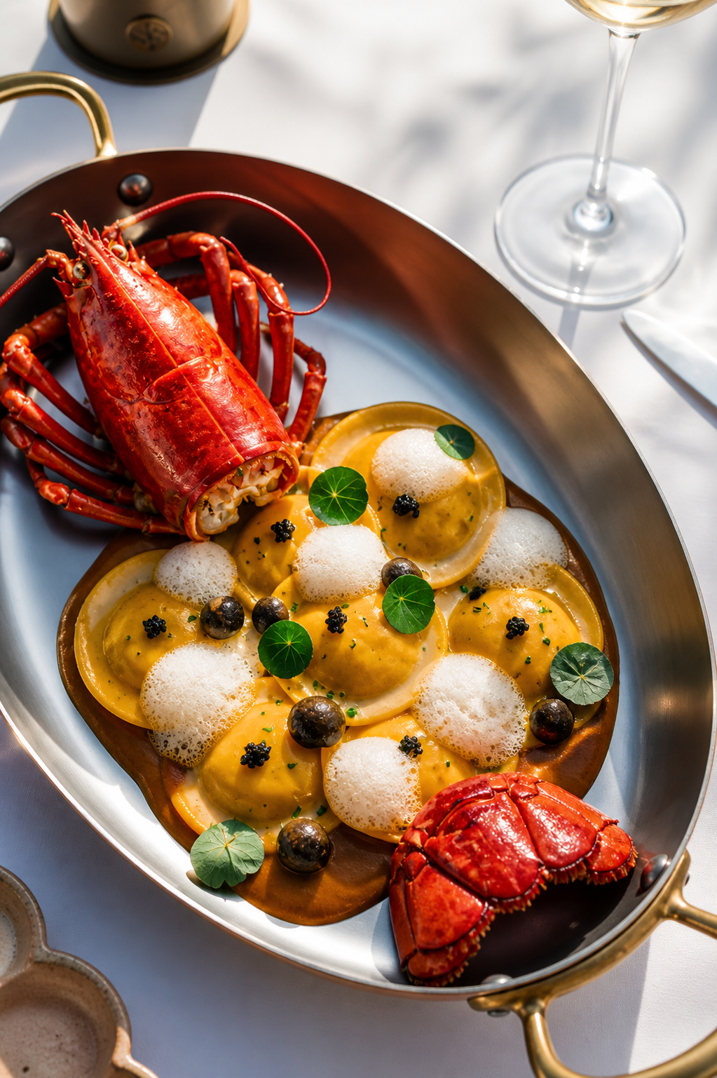 THE EMBER · Lobster ravioli with caviar, nasturtium and saffron sauce on copper platter
