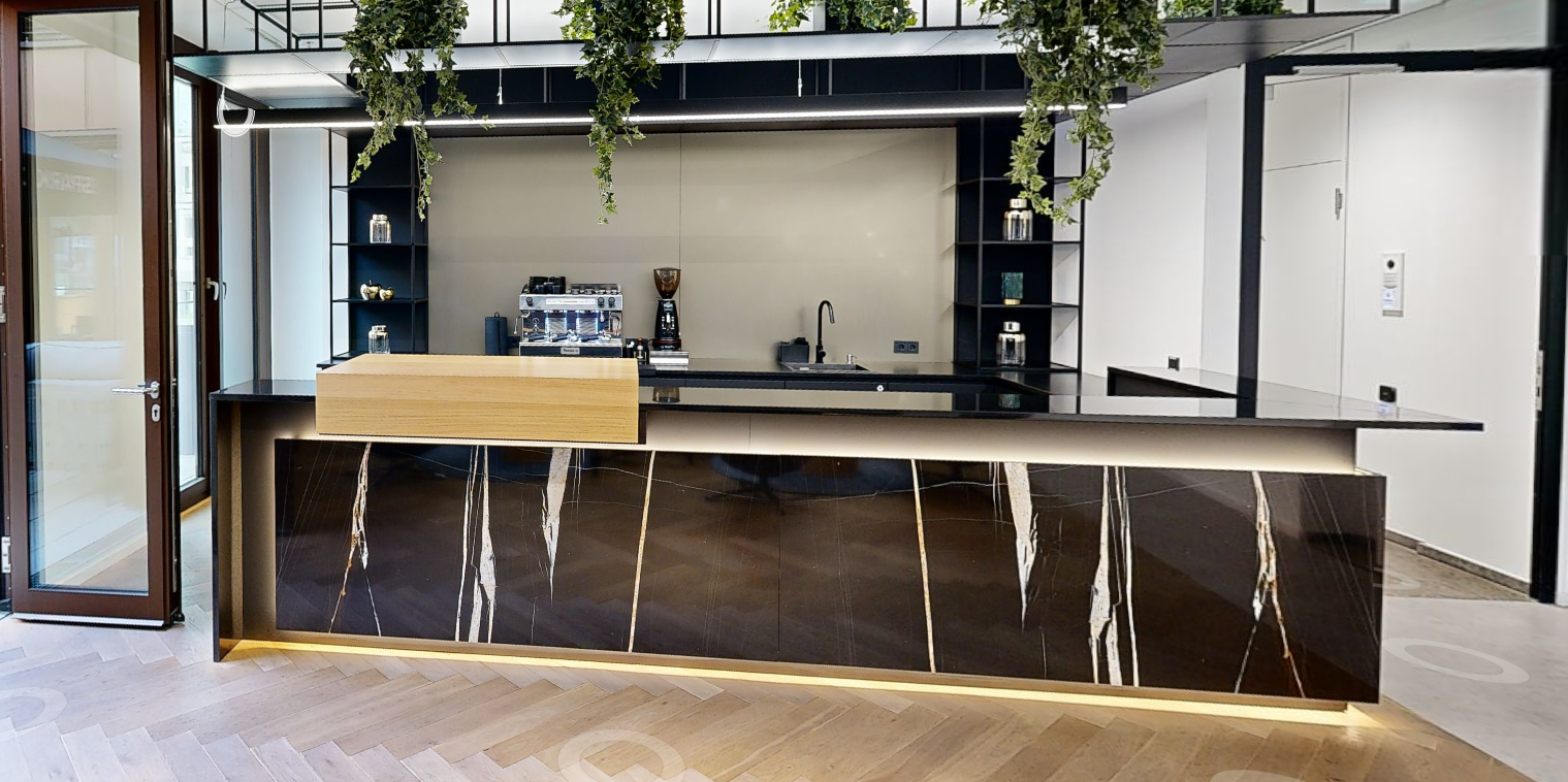 Long bar on the back wall.