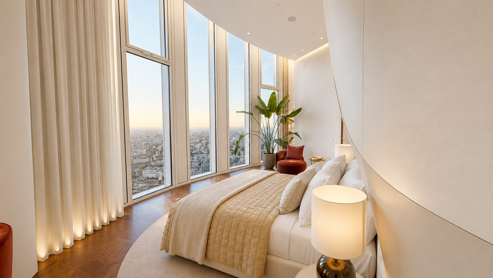 Curved-wall suite at sunset